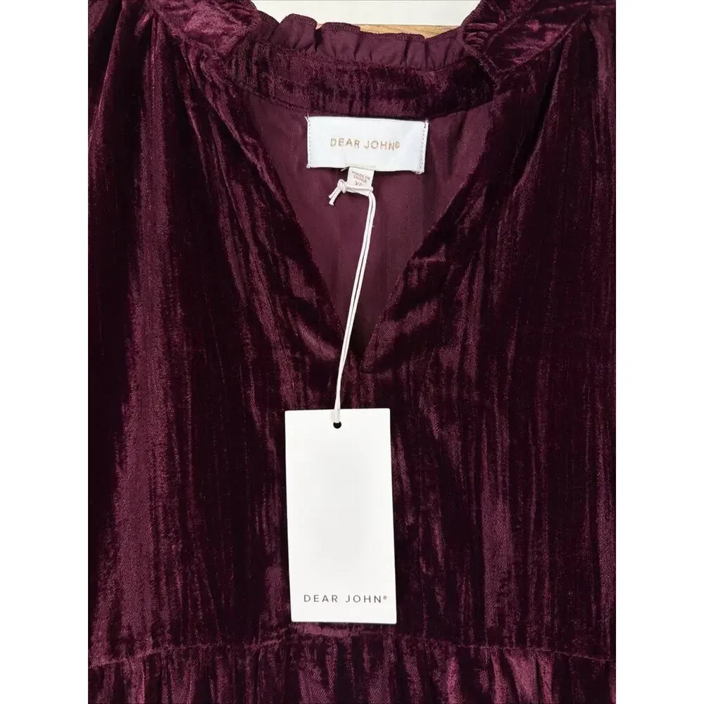 NWT Dear John Dress Burgundy Crushed Velvet Ruffle V Neck Dress #1094 Size XS